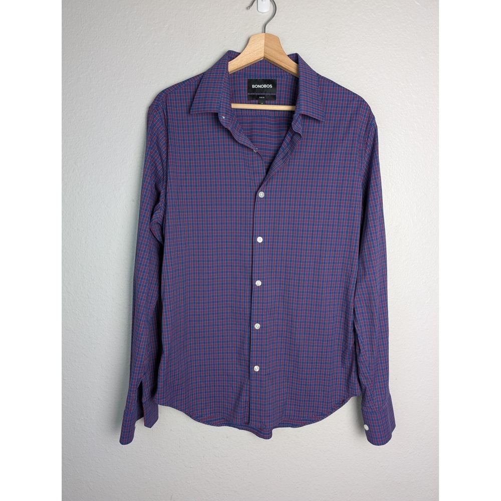 Bonobos Dress Shirt Mens M Blue Plaid Slim Fit Long Sleeve Point Collar Stretch